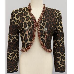 Vintage Cache Leopard Print Woven Fringe Bolero Blanket Jacket Size Small Cotton